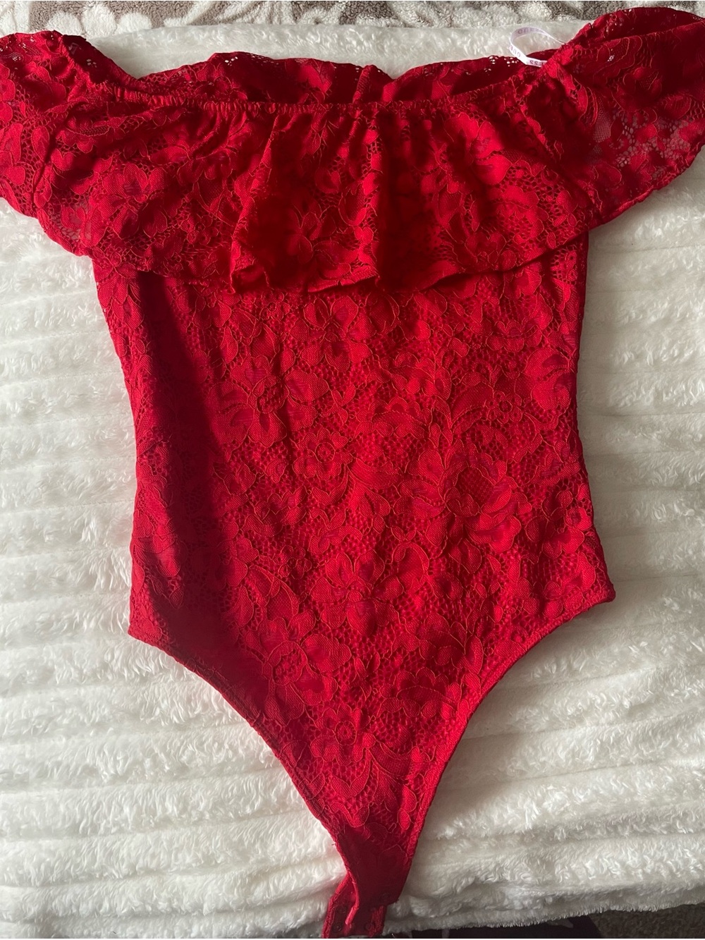 Guess Red Lace Off-Shoulder One-Piece Bodysuit